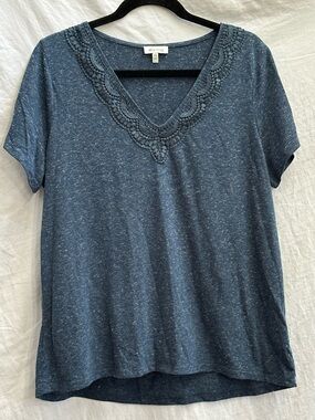 Ella Moss Denim Blue V-Neck Lace Trim Tee XL